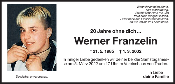 Traueranzeige von Werner Franzelin von Dolomiten