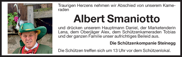 Traueranzeige von Albert Smaniotto von Dolomiten