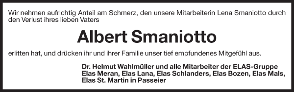 Traueranzeige von Albert Smaniotto von Dolomiten