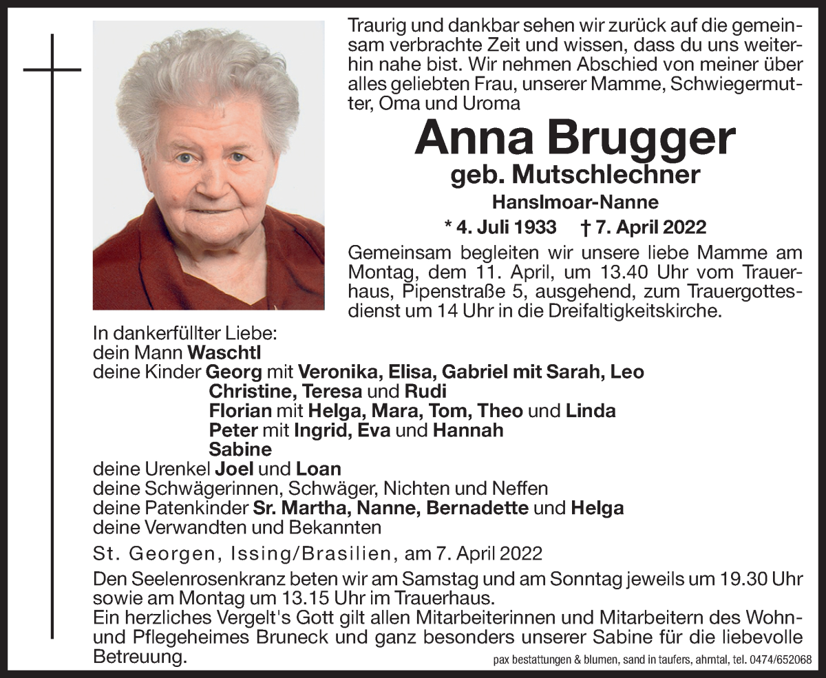 Traueranzeige für Anna Brugger vom 09.04.2022 aus Dolomiten
