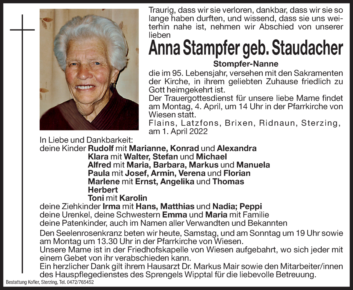  Traueranzeige für Anna Stampfer vom 02.04.2022 aus Dolomiten
