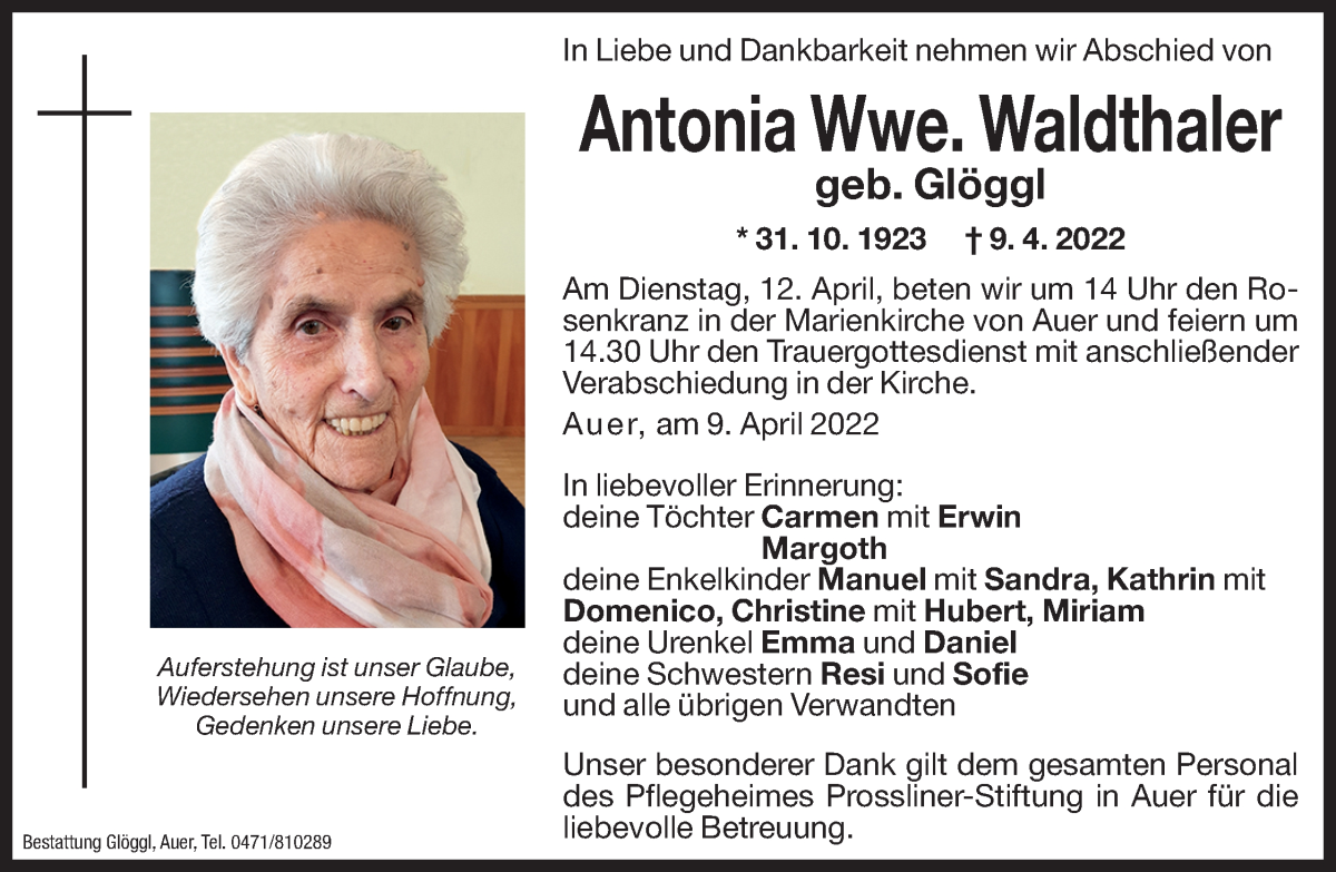  Traueranzeige für Antonia Waldthaler vom 11.04.2022 aus Dolomiten