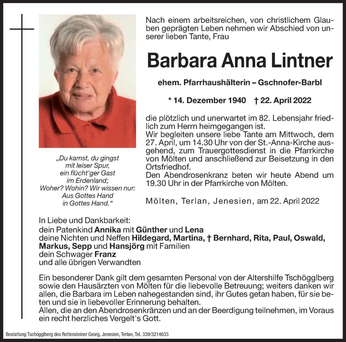  Traueranzeige für Barbara Anna Lintner vom 26.04.2022 aus Dolomiten