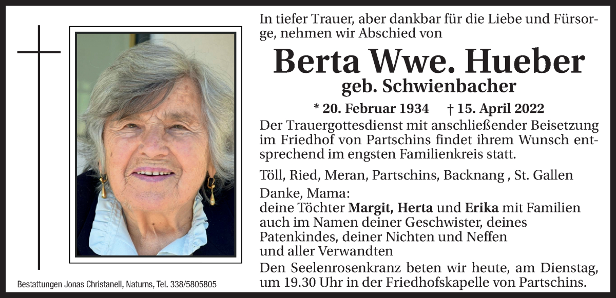  Traueranzeige für Berta Hueber vom 19.04.2022 aus Dolomiten