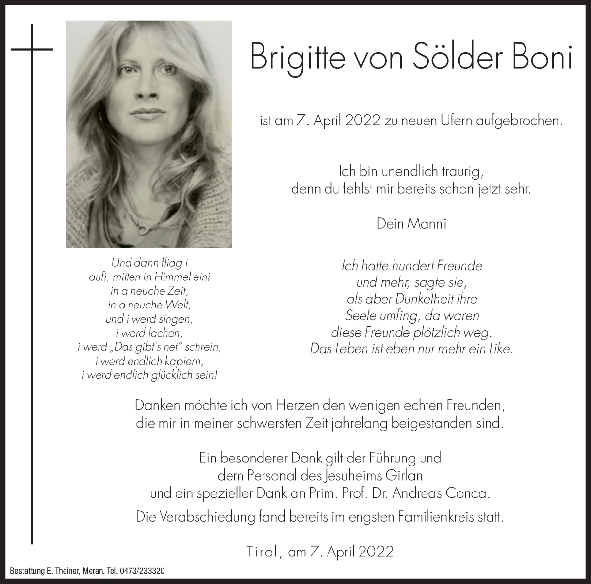  Traueranzeige für Brigitte von Sölder Boni vom 15.04.2022 aus Dolomiten