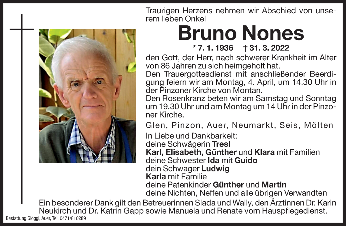  Traueranzeige für Bruno Nones vom 02.04.2022 aus Dolomiten