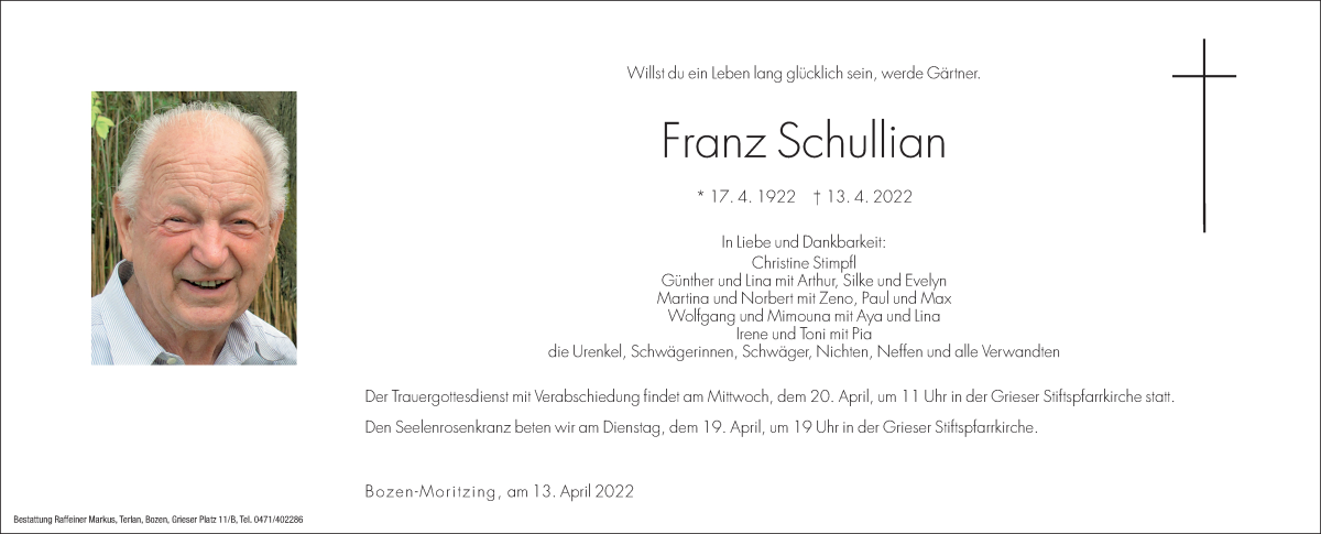  Traueranzeige für Franz Schullian vom 15.04.2022 aus Dolomiten