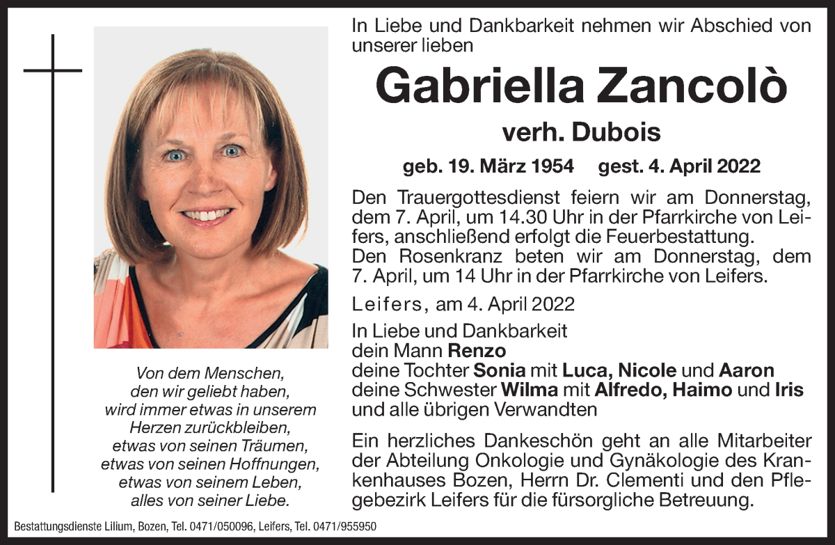 Traueranzeige für Gabriella Dubois vom 06.04.2022 aus Dolomiten