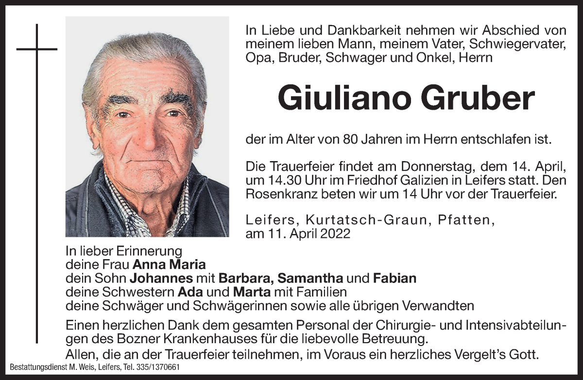  Traueranzeige für Giuliano Gruber vom 13.04.2022 aus Dolomiten