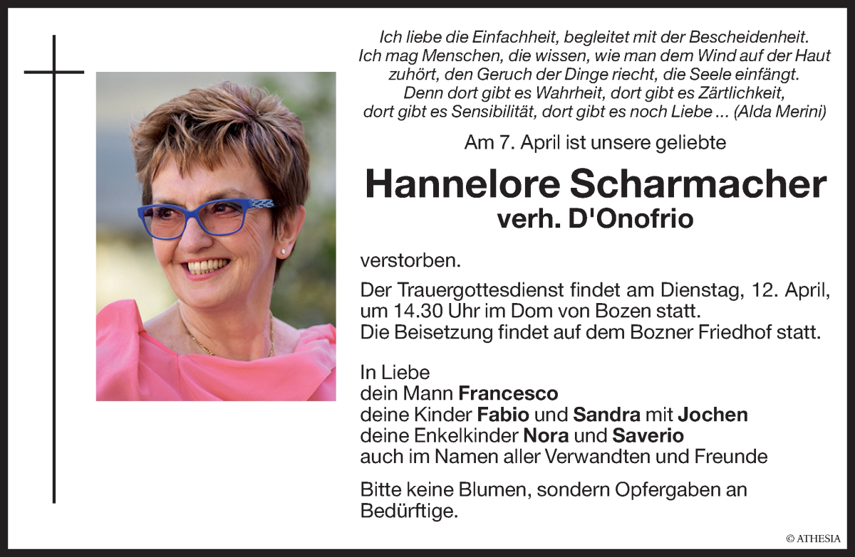  Traueranzeige für Hannelore D'Onofrio vom 11.04.2022 aus Dolomiten