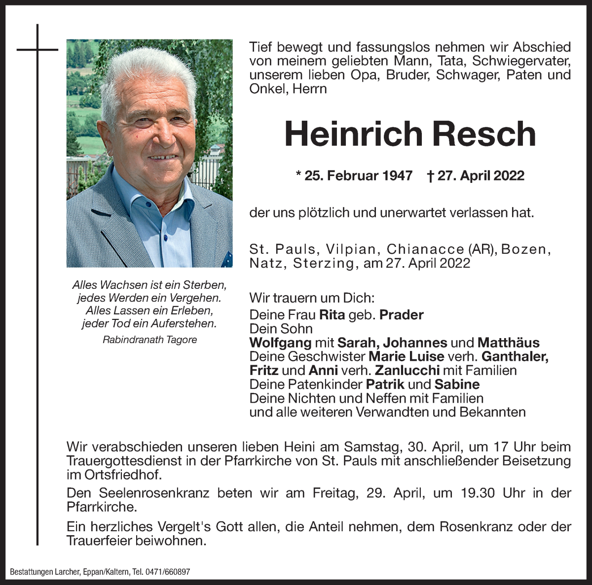 Traueranzeigen Von Heinrich Resch | Trauer.bz