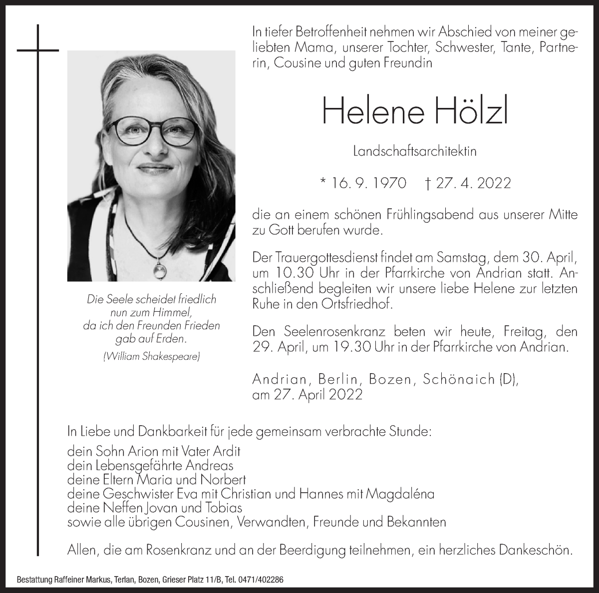  Traueranzeige für Helene Hölzl vom 29.04.2022 aus Dolomiten