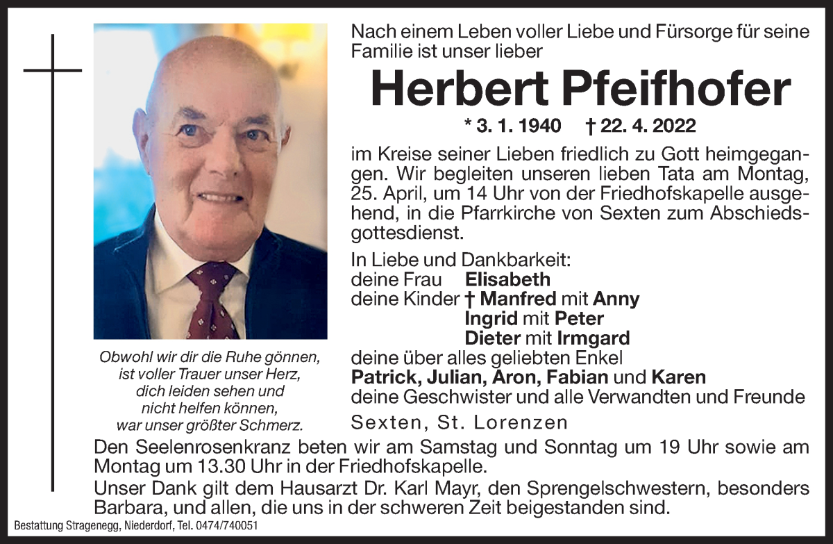  Traueranzeige für Herbert Pfeifhofer vom 23.04.2022 aus Dolomiten