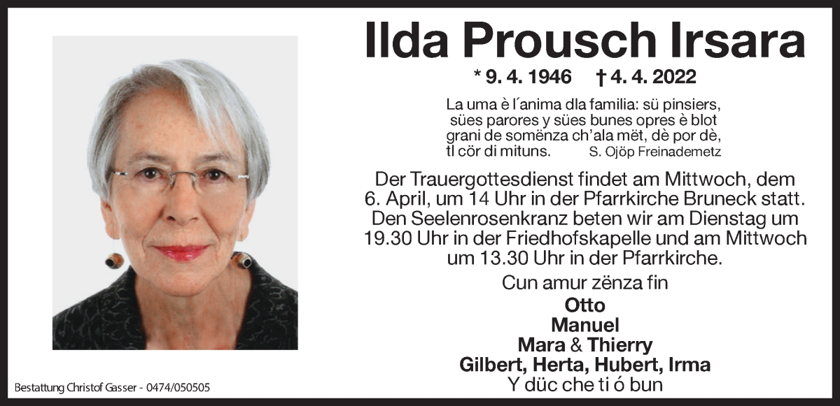  Traueranzeige für Ilda Irsara vom 05.04.2022 aus Dolomiten