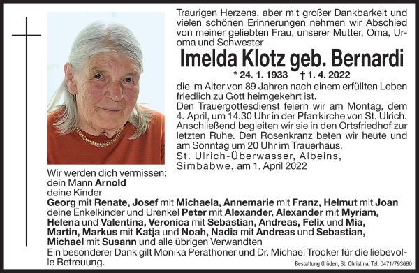 Traueranzeige von Imelda Klotz von Dolomiten