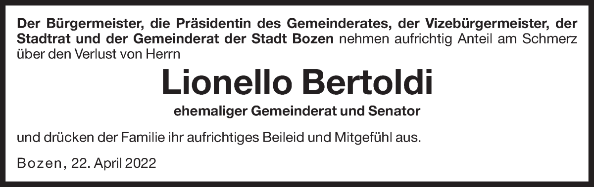  Traueranzeige für Lionello Bertoldi vom 23.04.2022 aus Dolomiten