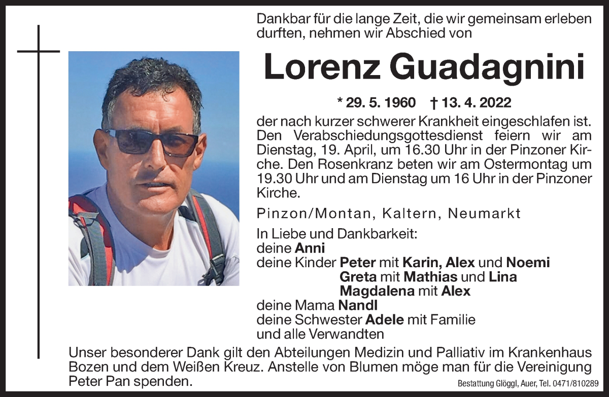  Traueranzeige für Lorenz Guadagnini vom 14.04.2022 aus Dolomiten