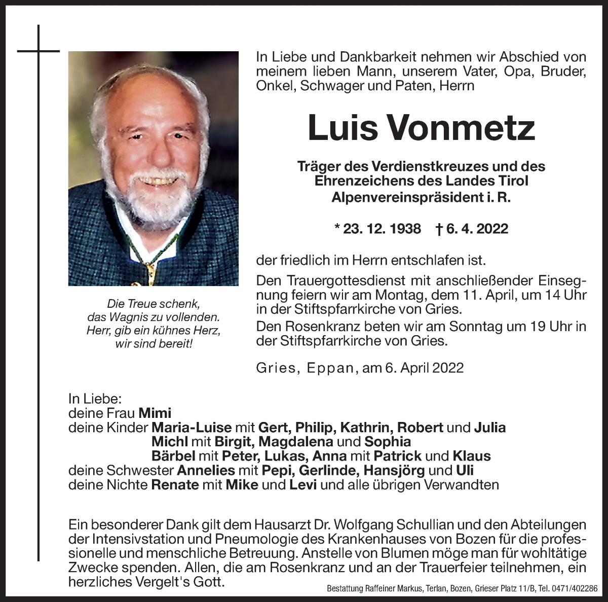  Traueranzeige für Luis Vonmetz vom 08.04.2022 aus Dolomiten