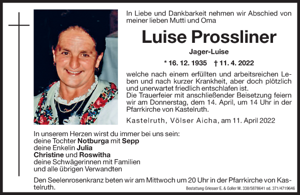 Traueranzeige von Luise Prossliner von Dolomiten