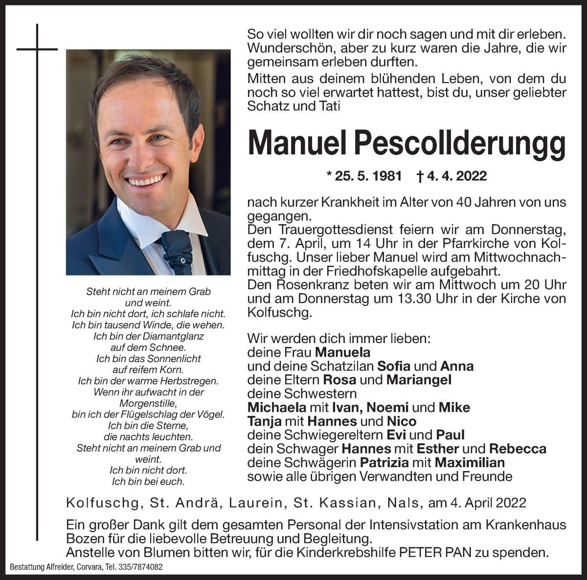  Traueranzeige für Manuel Pescollderungg vom 06.04.2022 aus Dolomiten