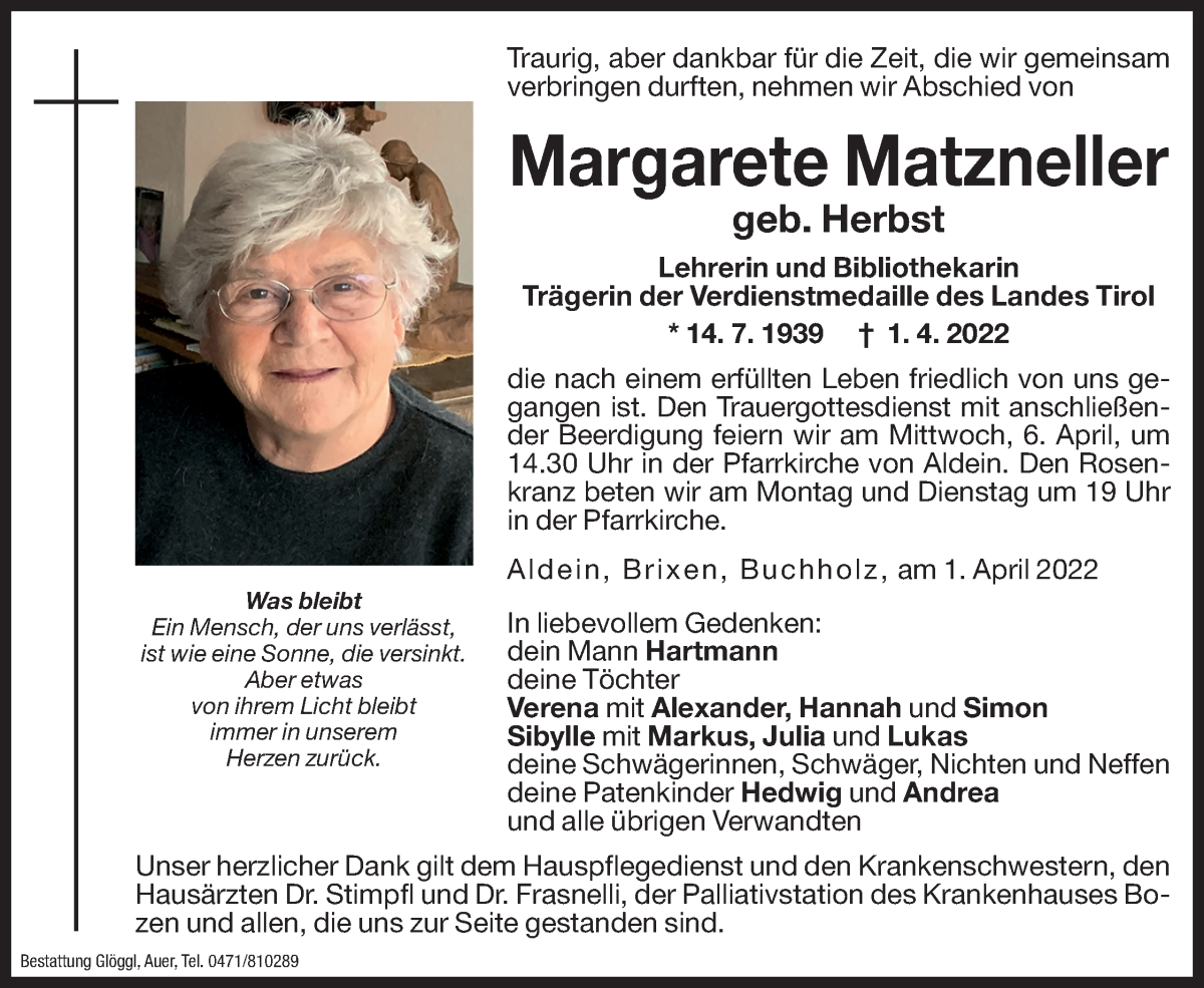  Traueranzeige für Margarete Matzneller vom 04.04.2022 aus Dolomiten