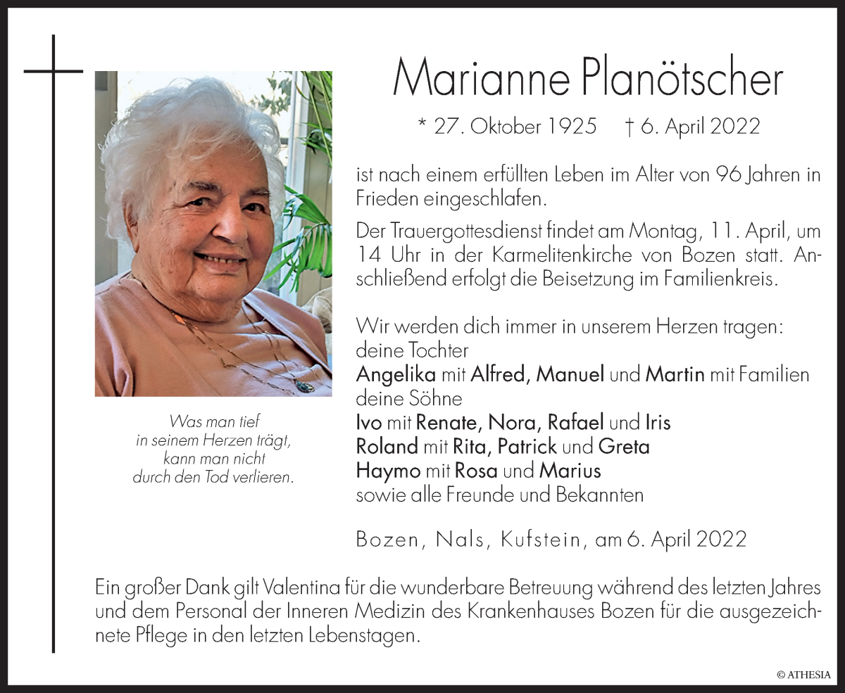  Traueranzeige für Marianne Planötscher vom 08.04.2022 aus Dolomiten