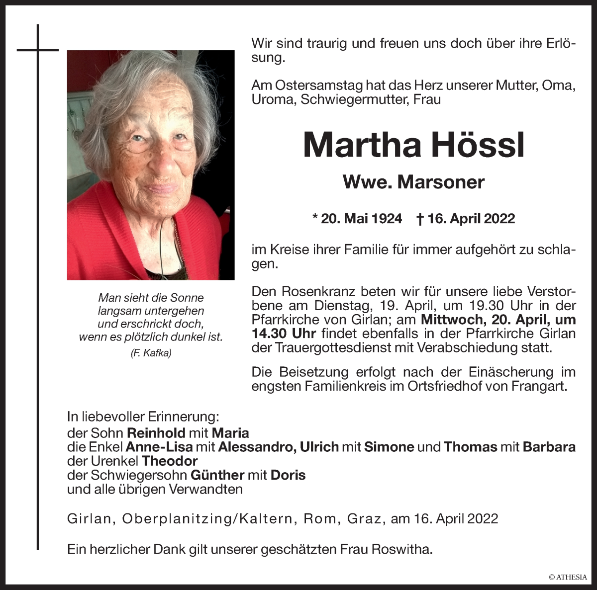  Traueranzeige für Martha Marsoner vom 19.04.2022 aus Dolomiten