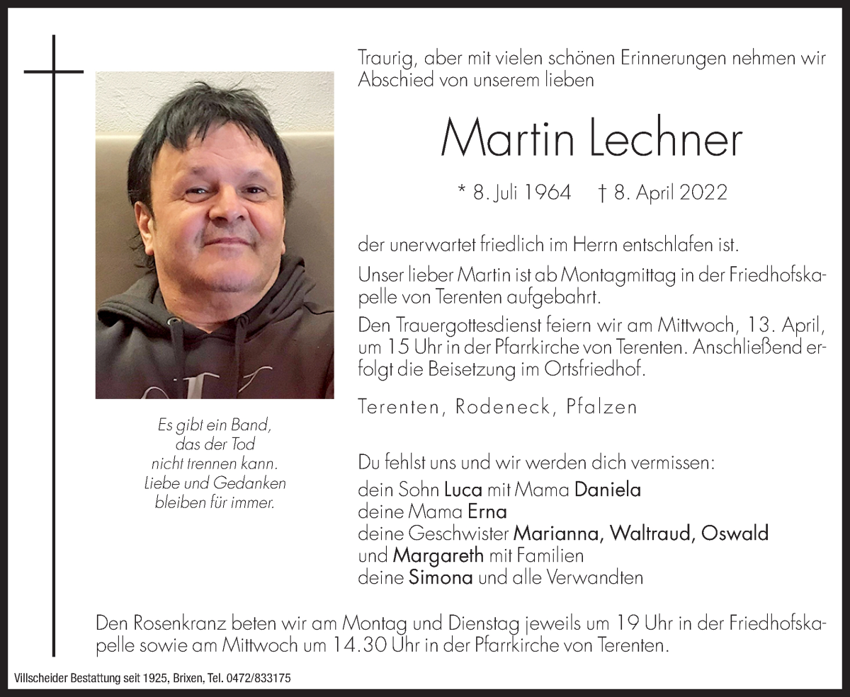  Traueranzeige für Martin Lechner vom 11.04.2022 aus Dolomiten