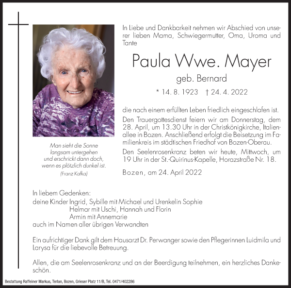 Traueranzeige von Paula Mayer von Dolomiten