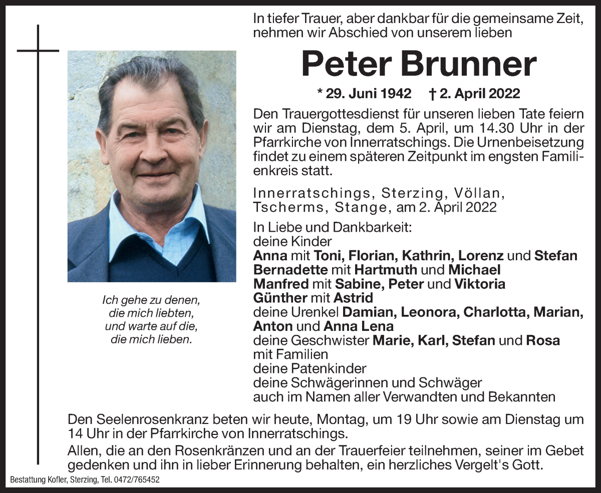  Traueranzeige für Peter Brunner vom 04.04.2022 aus Dolomiten