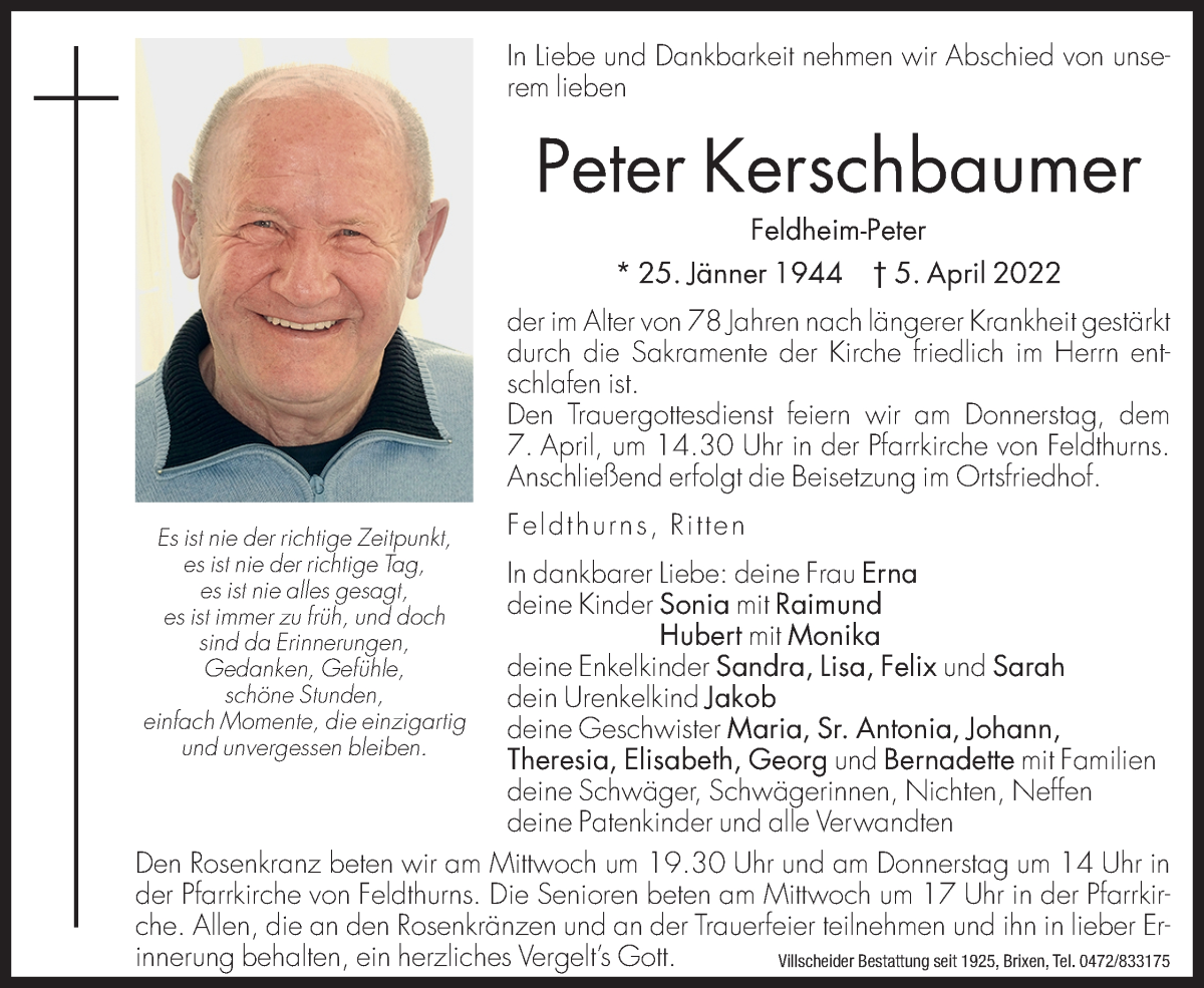  Traueranzeige für Peter Kerschbaumer vom 06.04.2022 aus Dolomiten