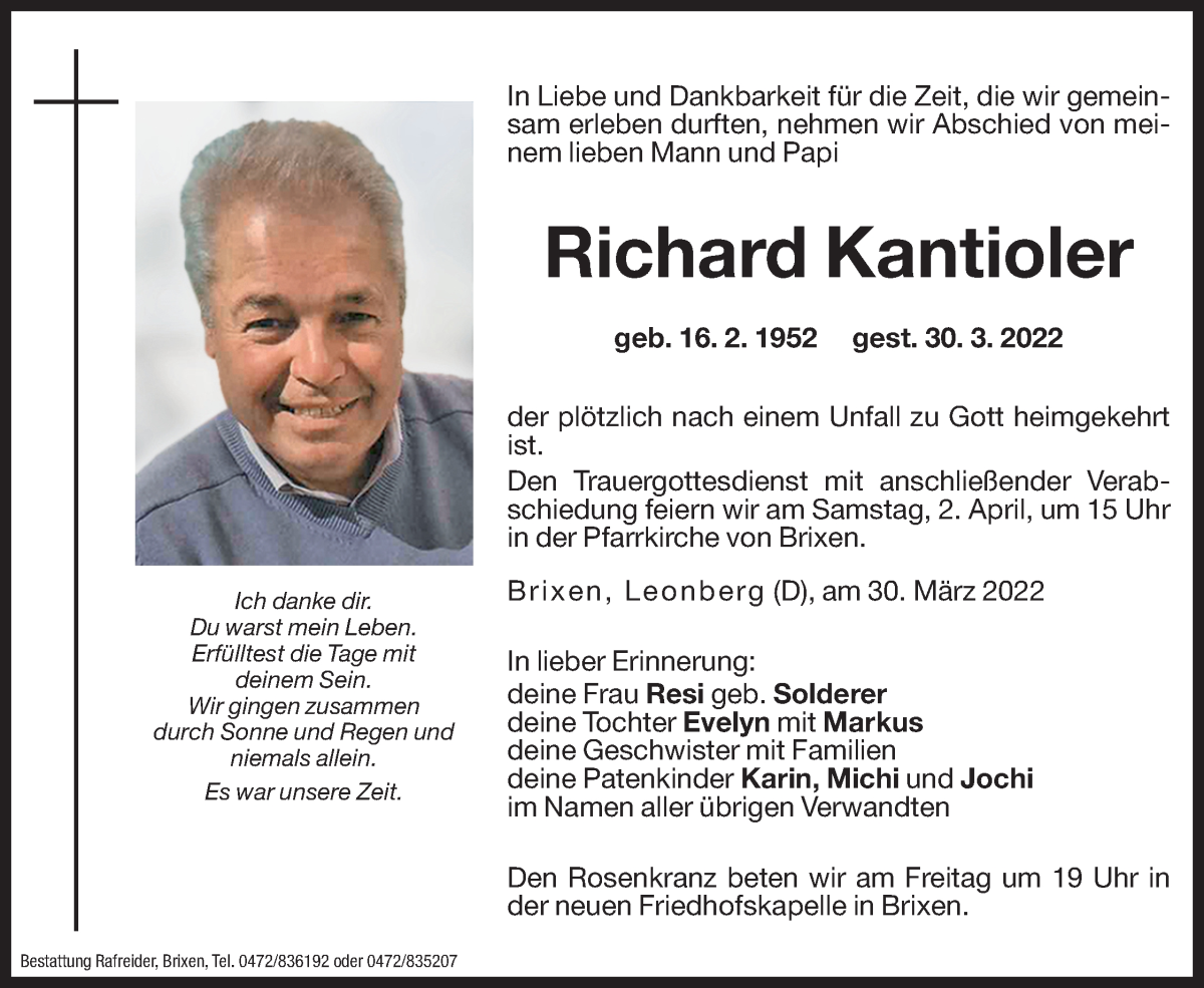  Traueranzeige für Richard Kantioler vom 01.04.2022 aus Dolomiten