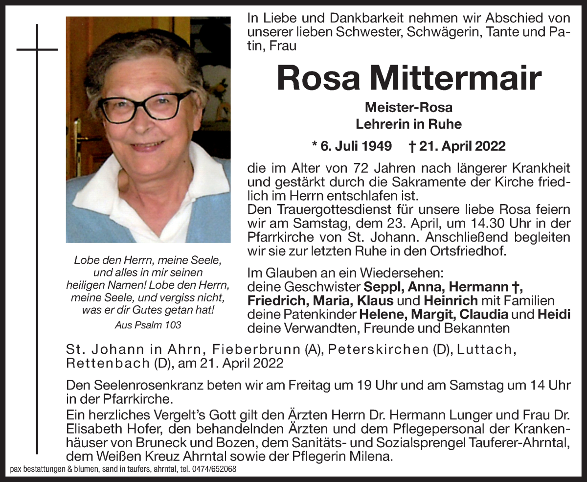 Traueranzeige für Rosa Mittermair vom 22.04.2022 aus Dolomiten