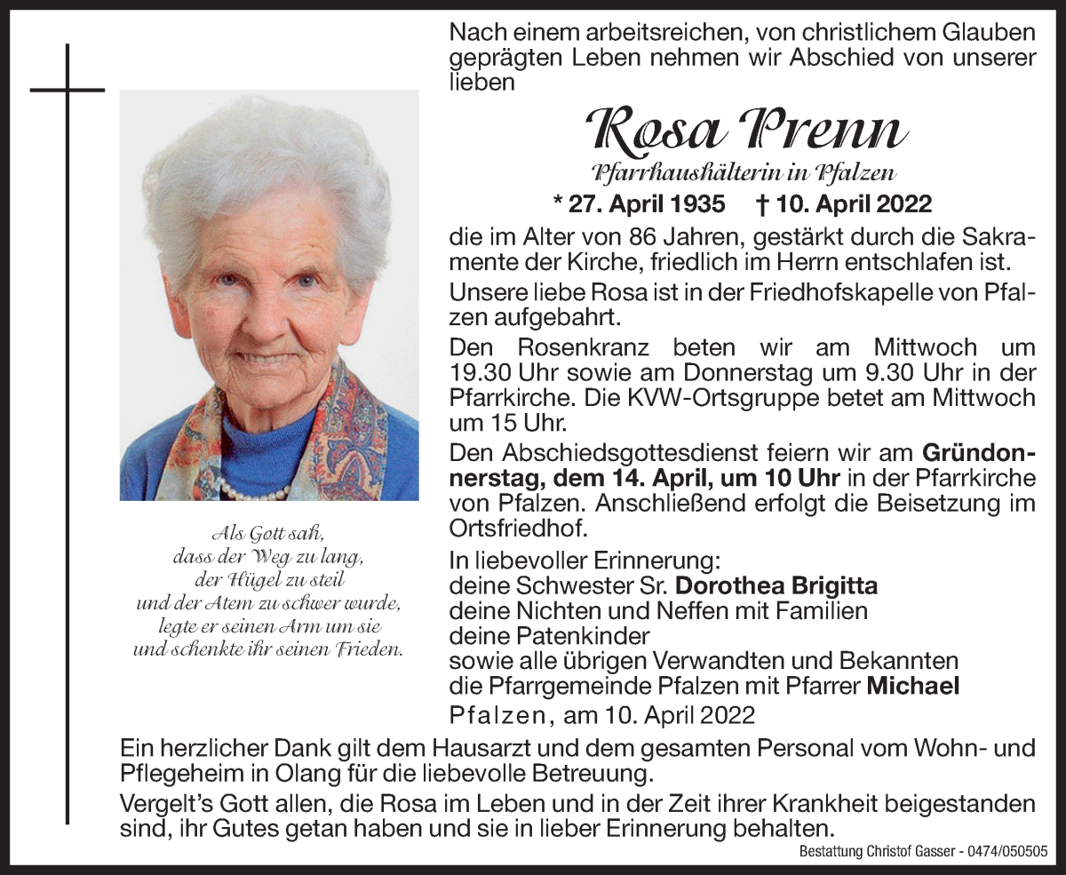  Traueranzeige für Rosa Prenn vom 13.04.2022 aus Dolomiten