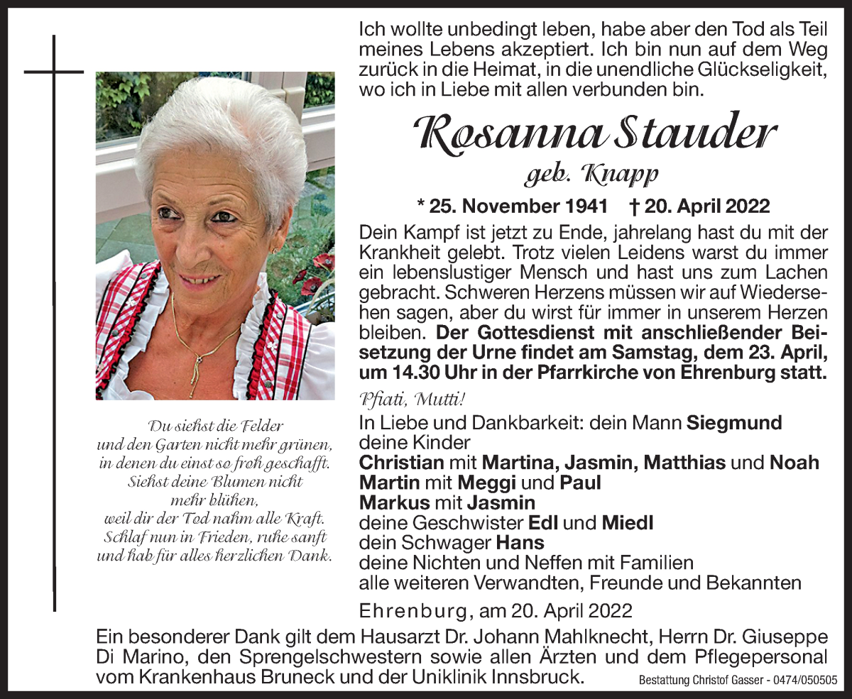  Traueranzeige für Rosanna Stauder vom 22.04.2022 aus Dolomiten
