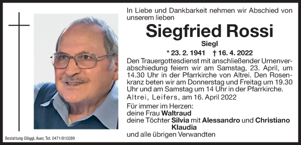 Traueranzeige von Siegfried Rossi von Dolomiten