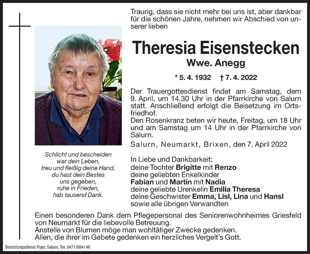  Traueranzeige für Theresia Anegg vom 08.04.2022 aus Dolomiten