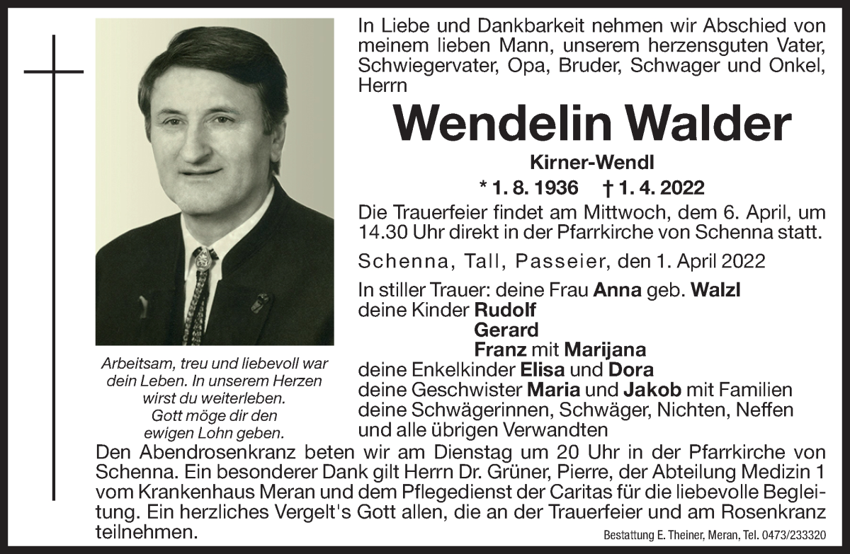  Traueranzeige für Wendelin Walder vom 05.04.2022 aus Dolomiten