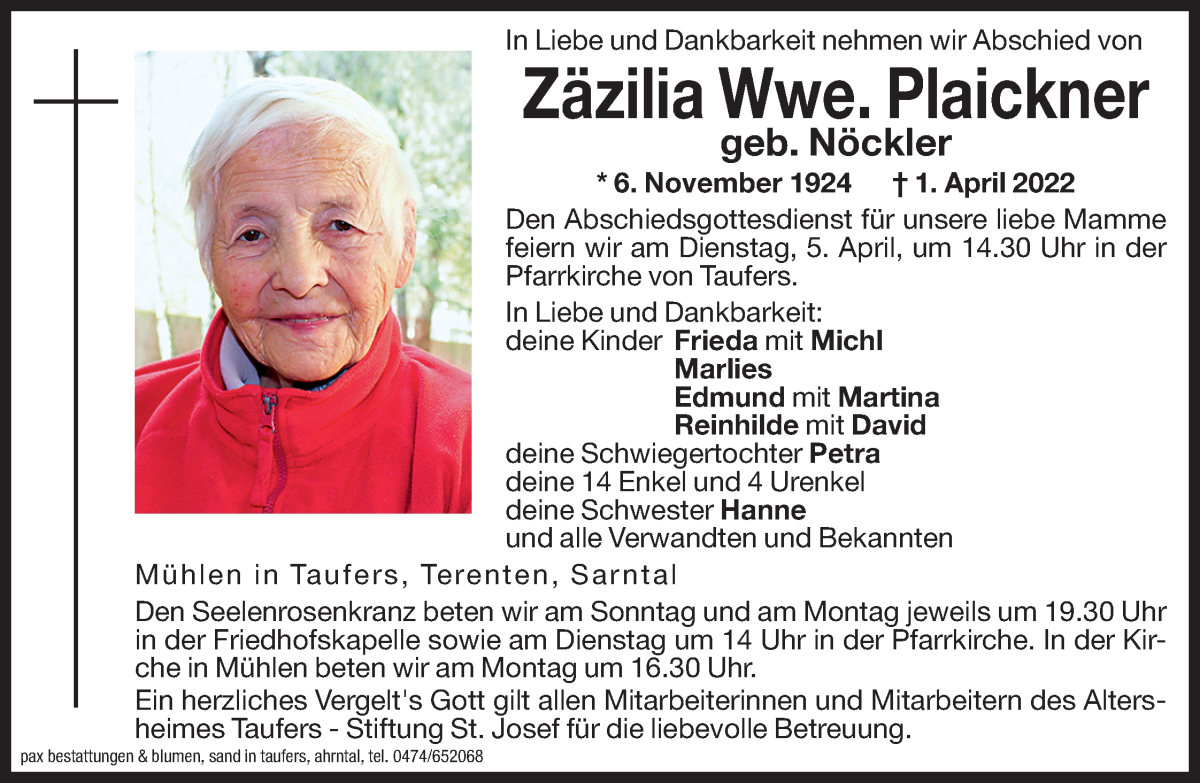  Traueranzeige für Zäzilia Plaickner vom 02.04.2022 aus Dolomiten