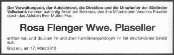 Traueranzeige von Rosa Plaseller von Dolomiten