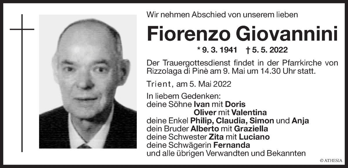  Traueranzeige für Fiorenzo Giovannini vom 07.05.2022 aus Dolomiten