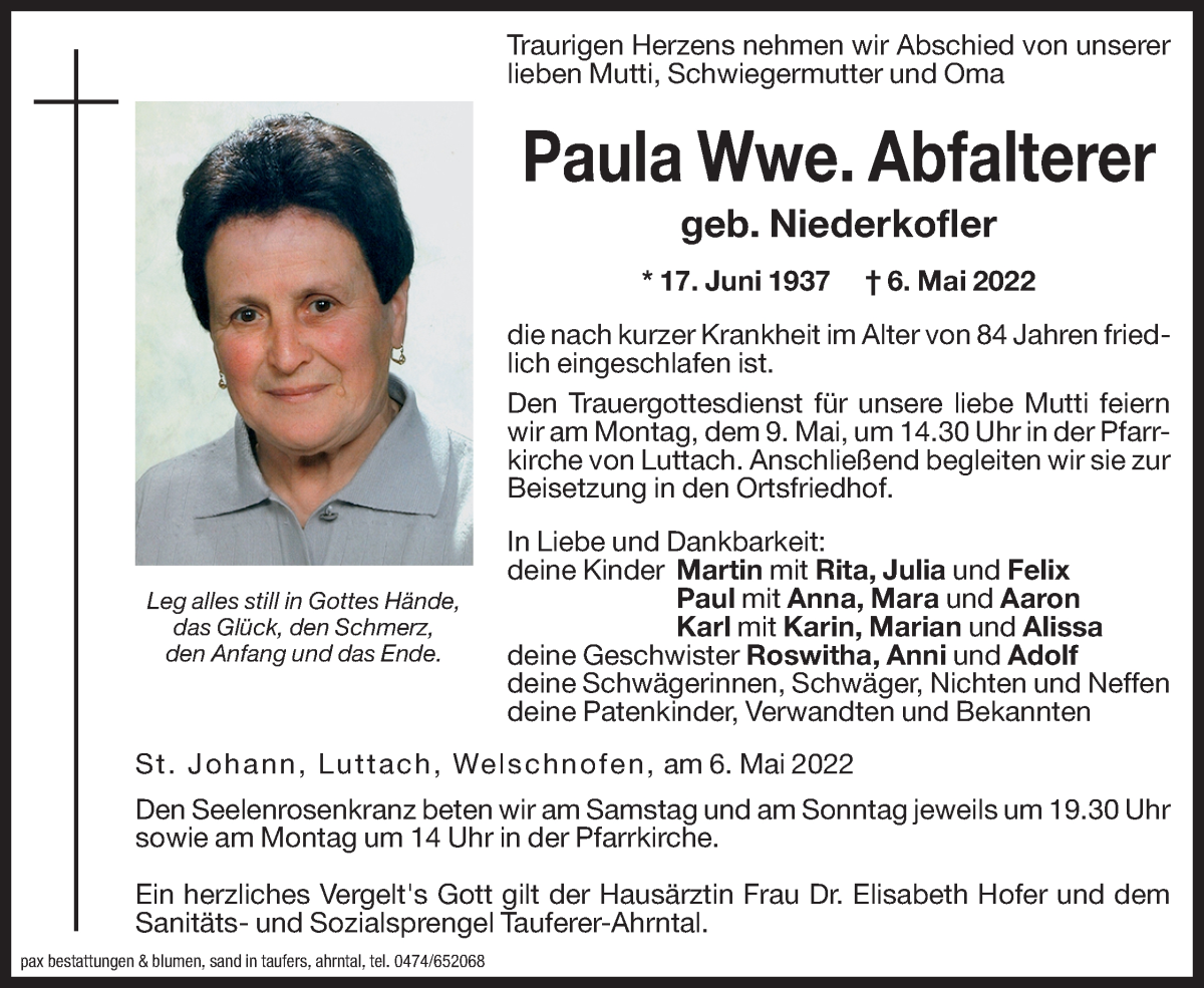  Traueranzeige für Paula Abfalterer vom 07.05.2022 aus Dolomiten