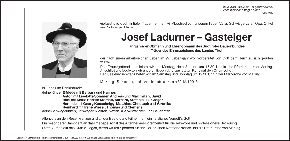  Traueranzeige für Josef Ladurner vom 31.05.2013 aus Dolomiten