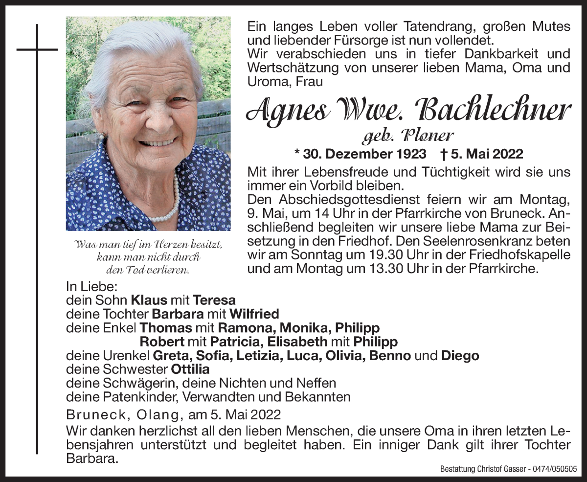  Traueranzeige für Agnes Bachlechner vom 07.05.2022 aus Dolomiten