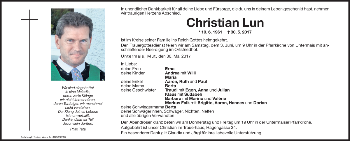  Traueranzeige für Christian Lun vom 01.06.2017 aus Dolomiten