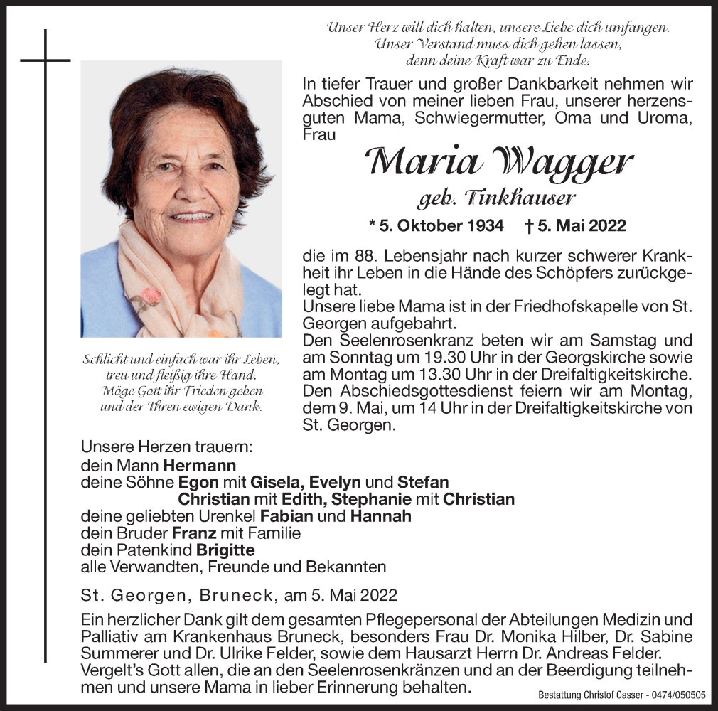  Traueranzeige für Maria Wagger vom 07.05.2022 aus Dolomiten