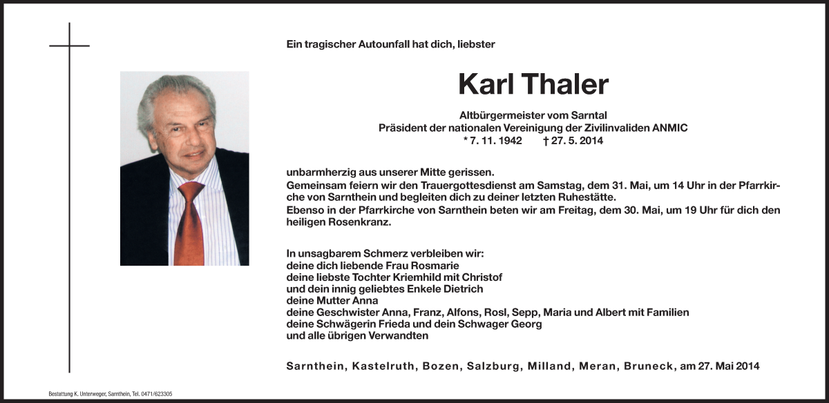  Traueranzeige für Karl Thaler vom 30.05.2014 aus Dolomiten