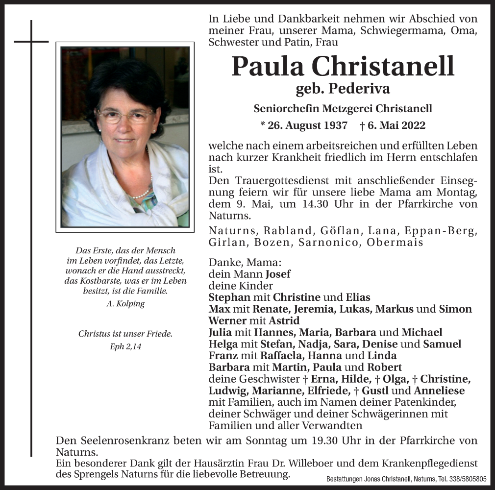  Traueranzeige für Paula Christanell vom 07.05.2022 aus Dolomiten