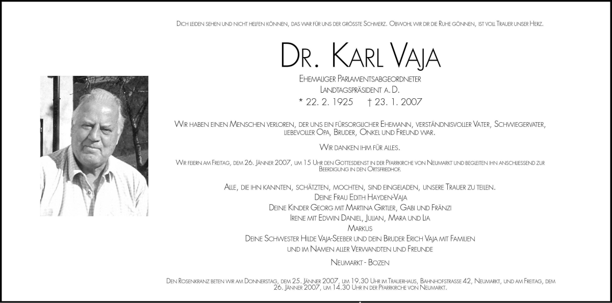  Traueranzeige für Karl Vaja vom 24.01.2007 aus Dolomiten