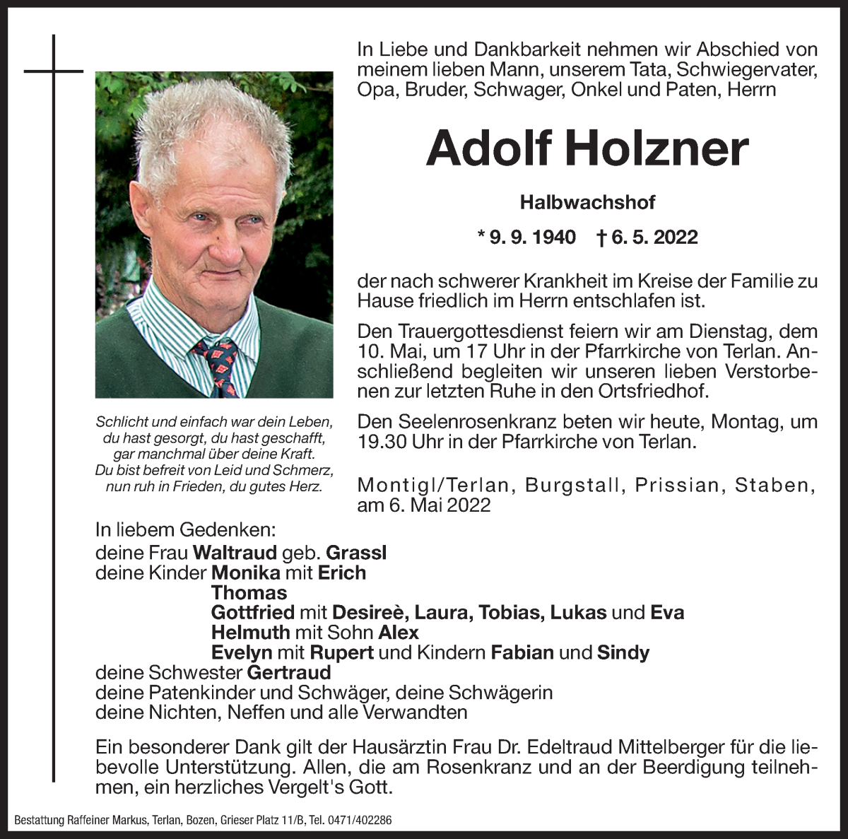  Traueranzeige für Adolf Holzner vom 09.05.2022 aus Dolomiten